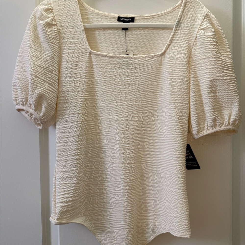 Express Ivory Textured Puff Sleeve Bodysuit